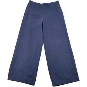 Eileen Fisher Linen Silk Twill Wide Leg Trouser Pants Navy Blue Medium NWT